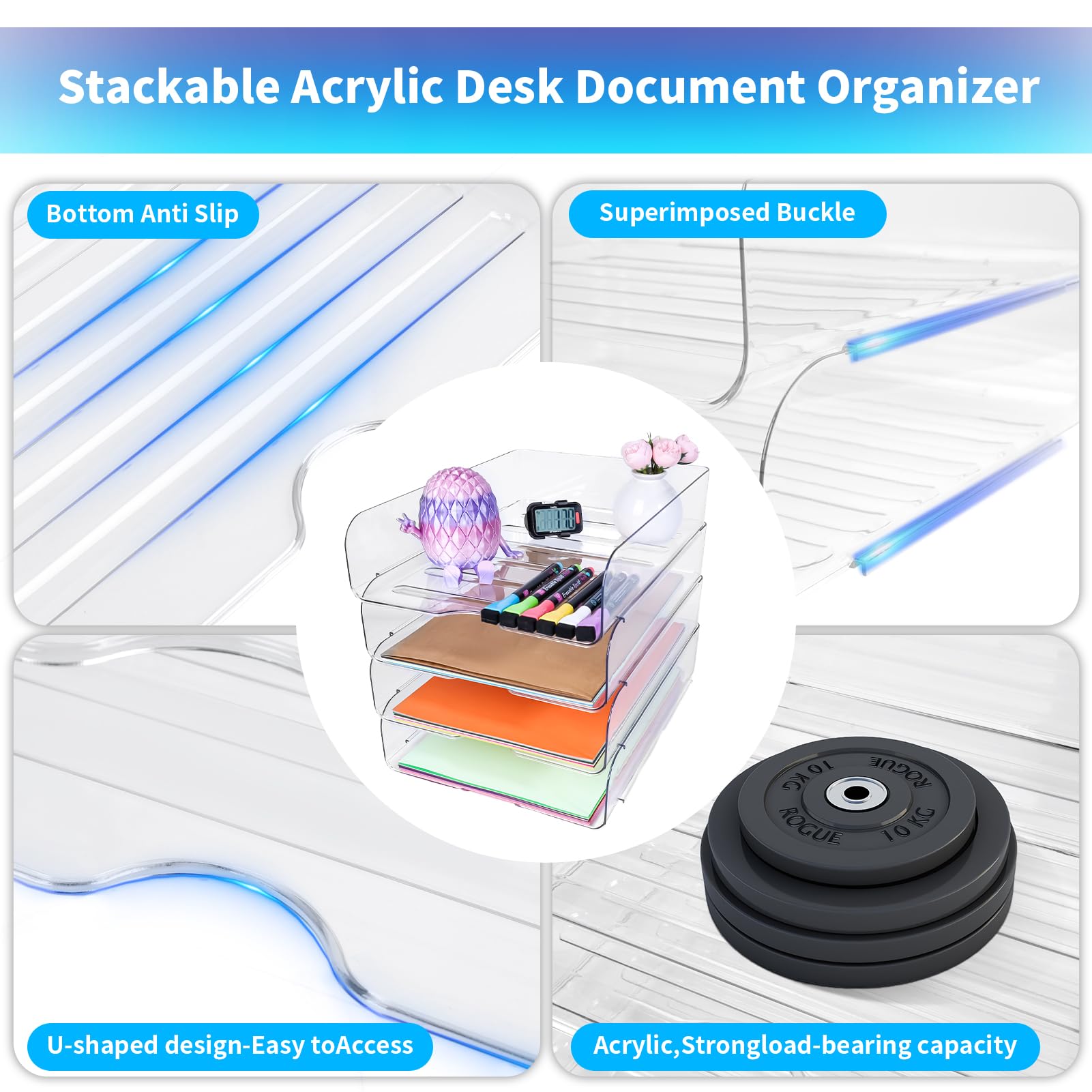 Paquete de 4 bandejas apilables para escritorio, organizador de archivos transparente para archivos, iPad, cartas, archivos de oficina A4, libros, notas, vertical