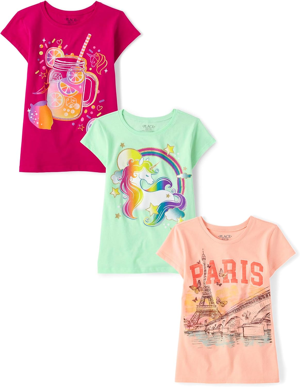 The Children's Place Girls Unicorns,Butterfly Short Sleeve Graphic T-Shirts,3 Pack