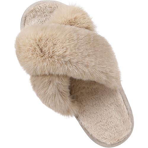 Comwarm Women's Cross Band Fuzzy Slippers Fluffy Open Toe House Slippers Cozy Plush Bedroom Shoes Indoor Outdoor