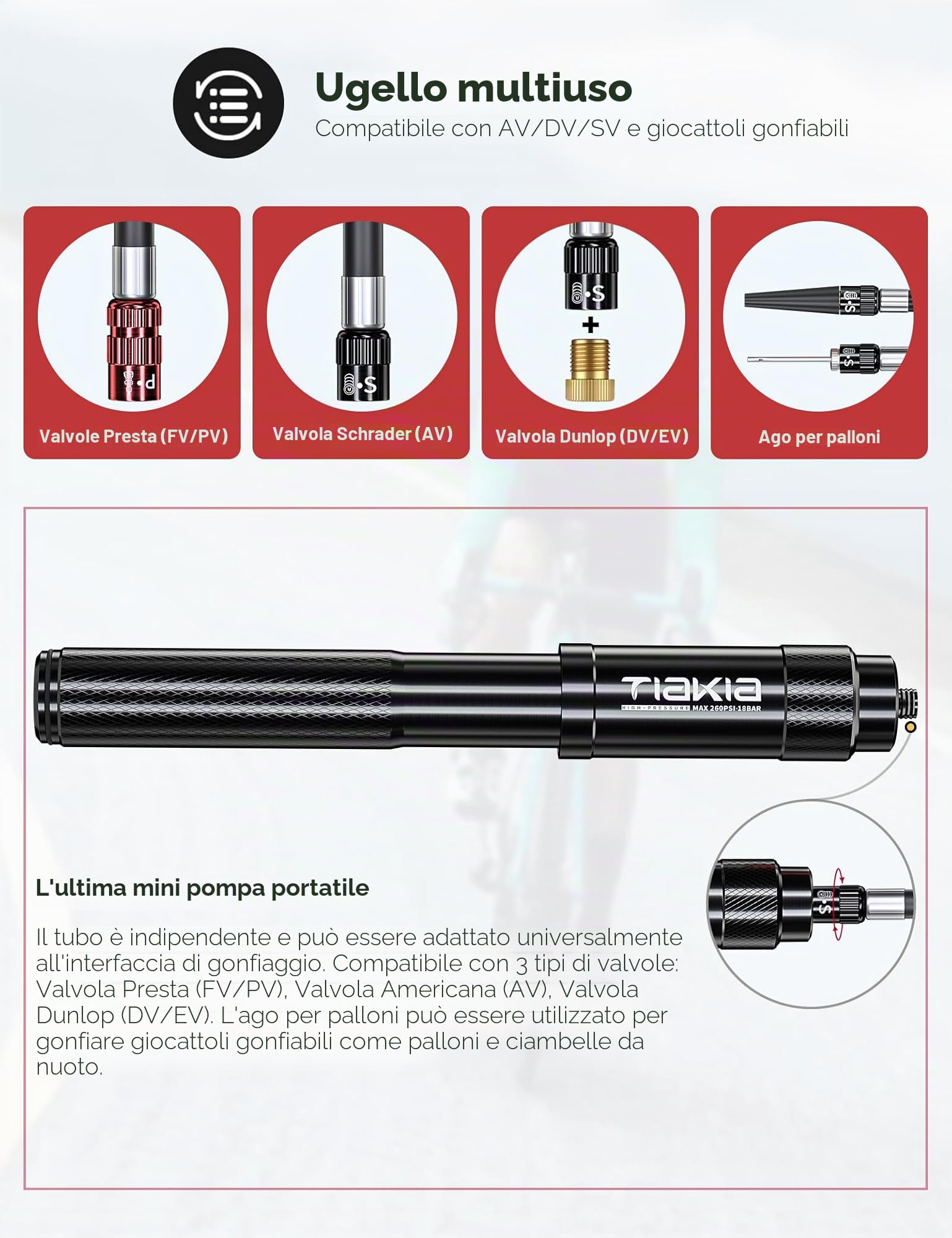 Tiakia Pompa Bicicletta Portatile 260psi, Mini Pompa per Bici Compatta per Valvole Presta Schrader Dunlop, Pompa Bici per Corsa MTB BMX