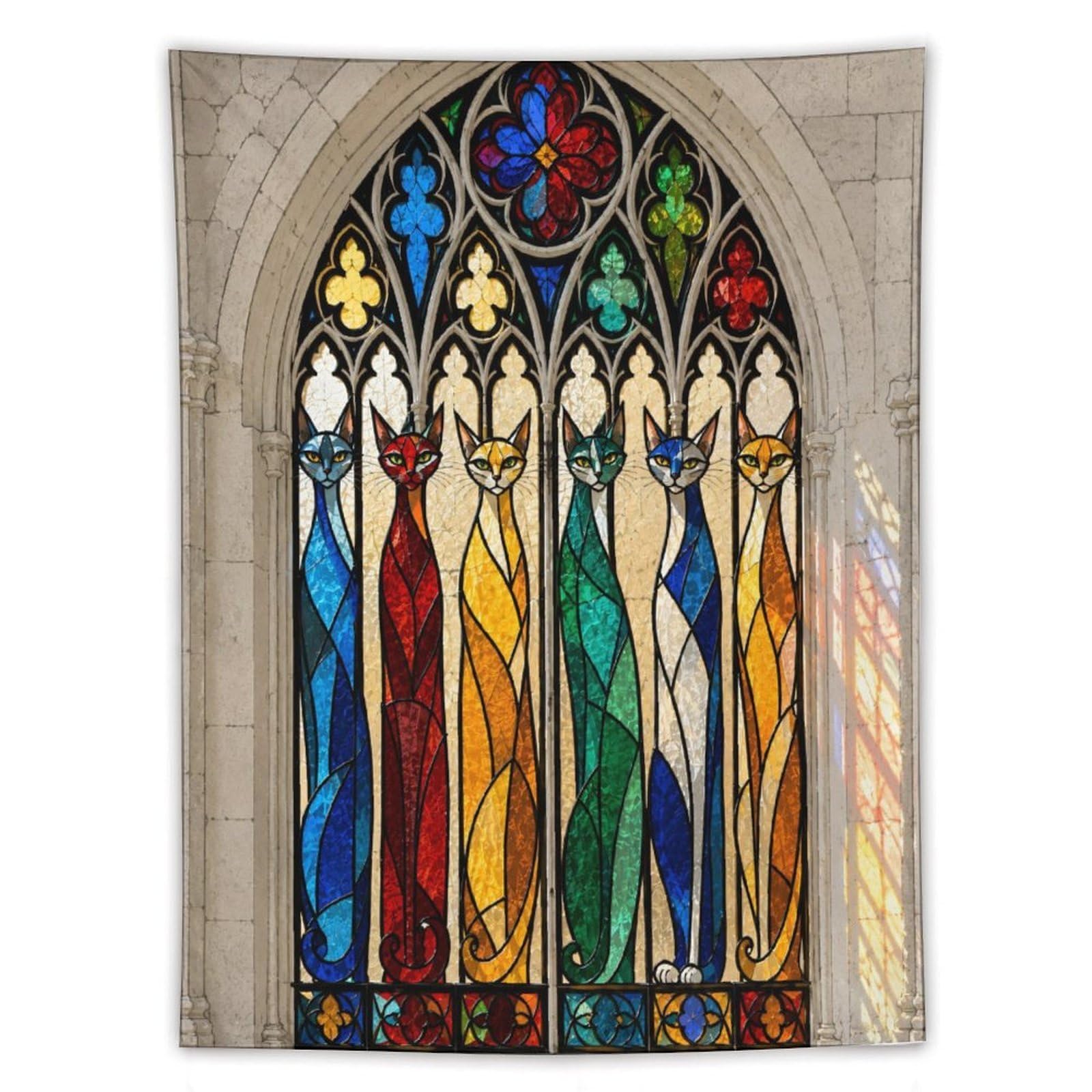 W7C8U2X3 Stained Glass Cats Wall Tapestry, Mosaic, Gothic Window