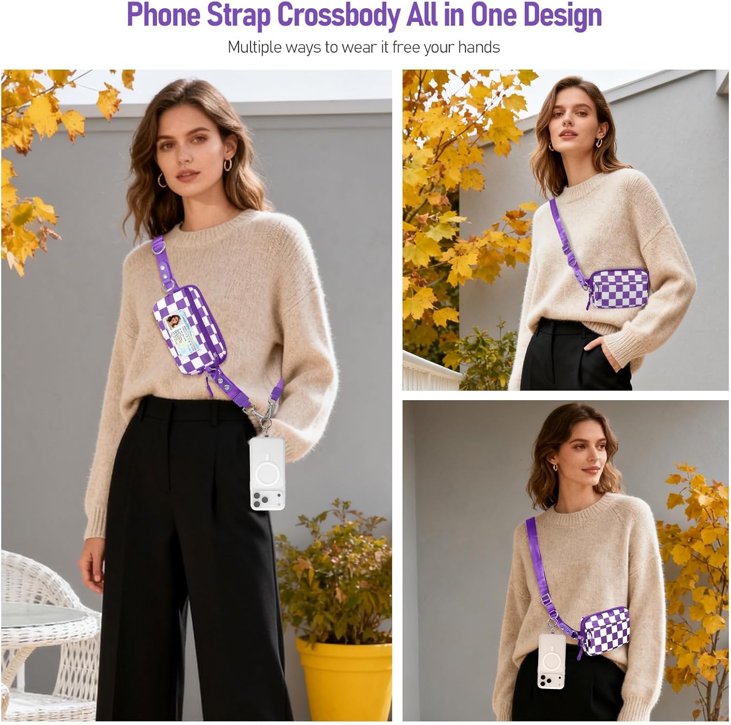 Clip and Go Strap for Phone with Wallet Crossbody Phone Lanyard and Detachable Checkered Bag with ID Window and RFID Pouch for Daily Travel. - Image 4