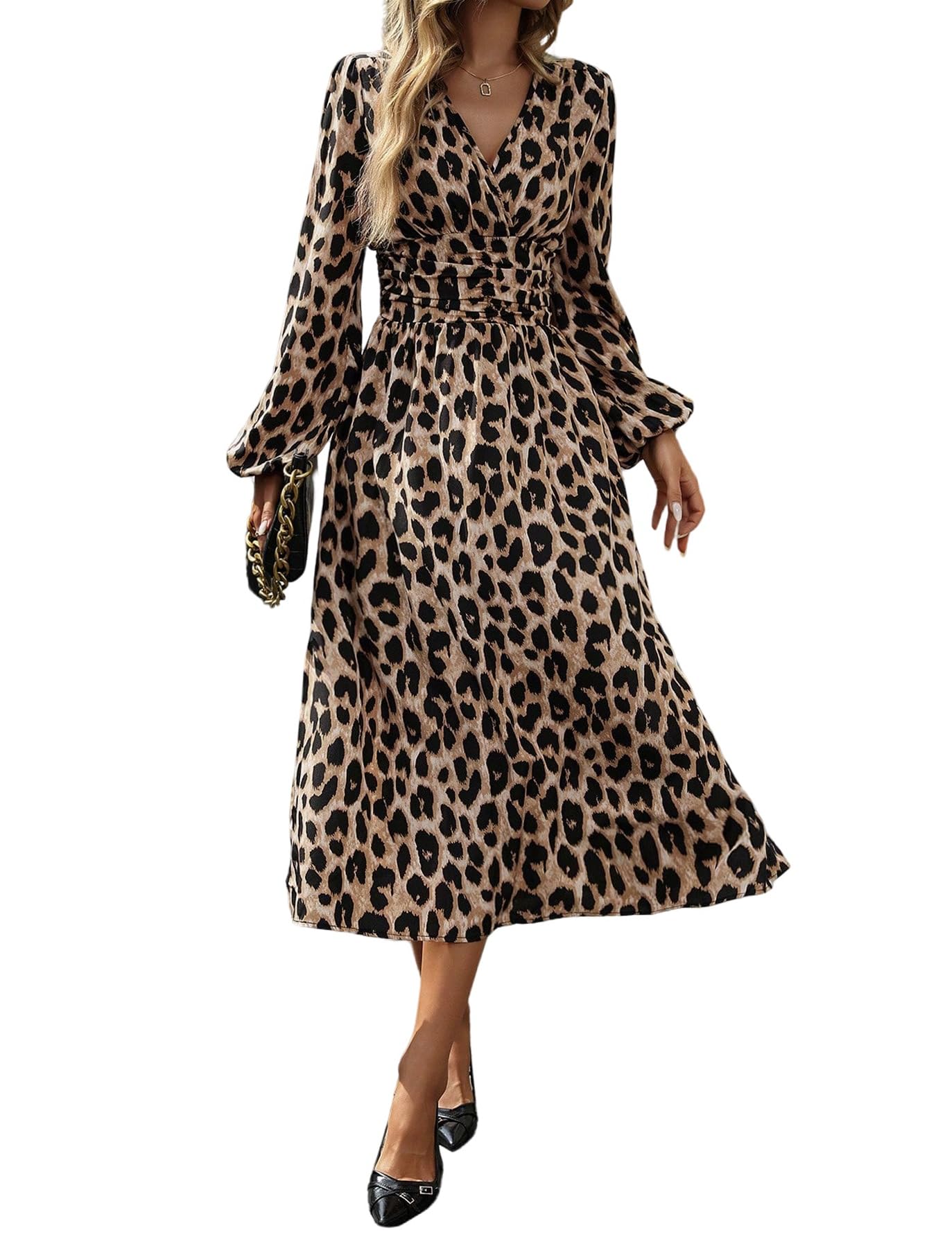 SweatyRocks Maxikleider Damen Elegant Langarm Leoparden Kleid Wickelkleid Leo Winterkleid Rüschenkleid Mit Leo Print Herbstkleid Langes Blusenkleid