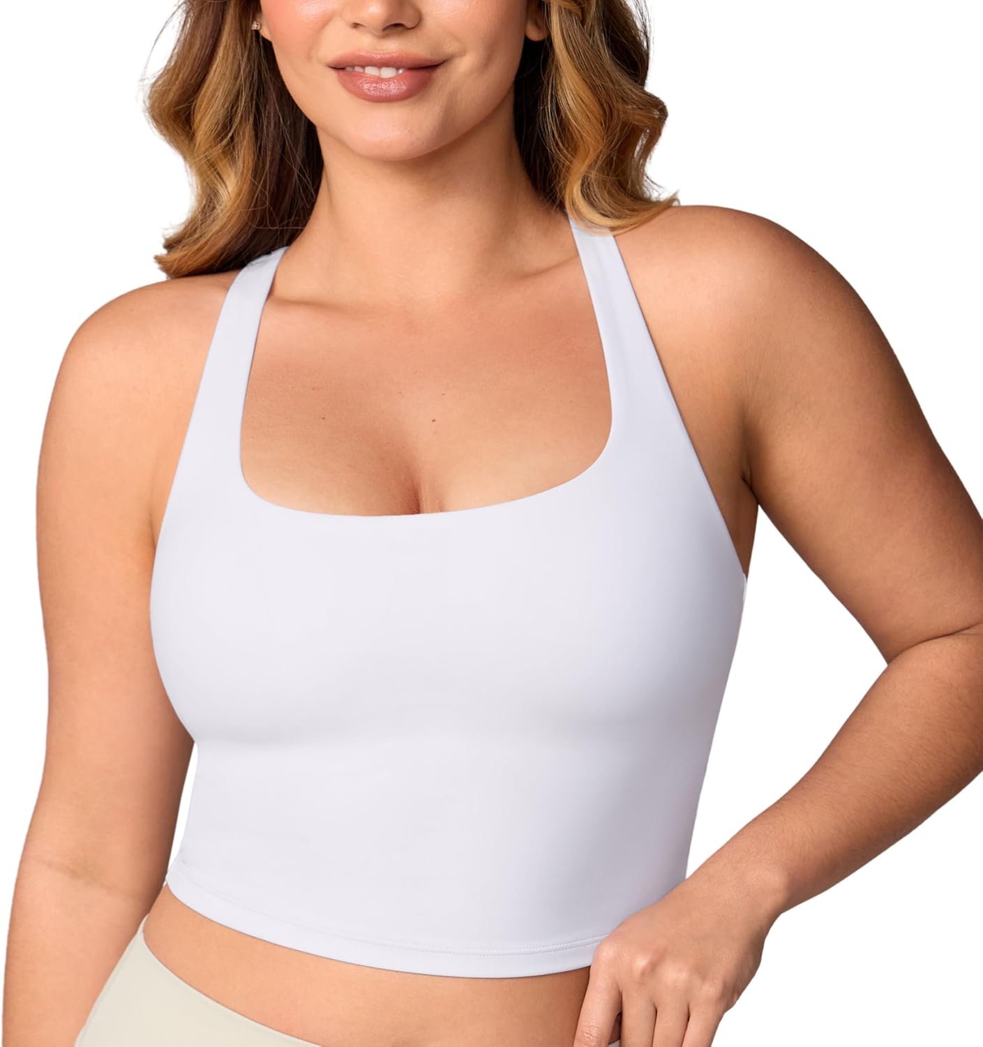 UNISSU Hugcurve Adjustable Racerback Longline Sports Bras Square Neck Padded Yoga Workout Crop Tank Tops for Women