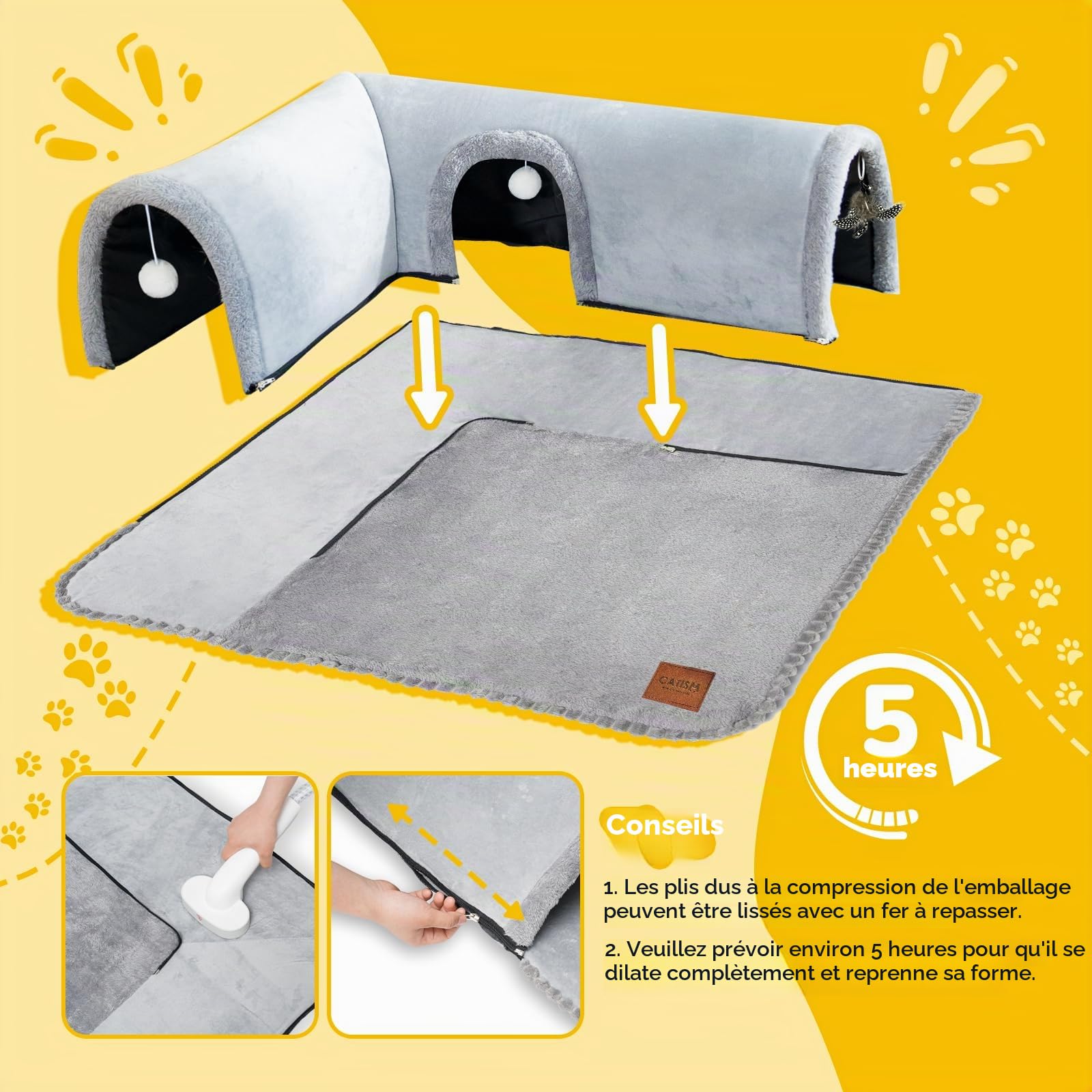CATISM Lit Tunnel pour Chat à l'intérieur, Tube de Jeu Amovible pour Chaton, Tapis Lavable pour Chaton avec Jouets à balles
