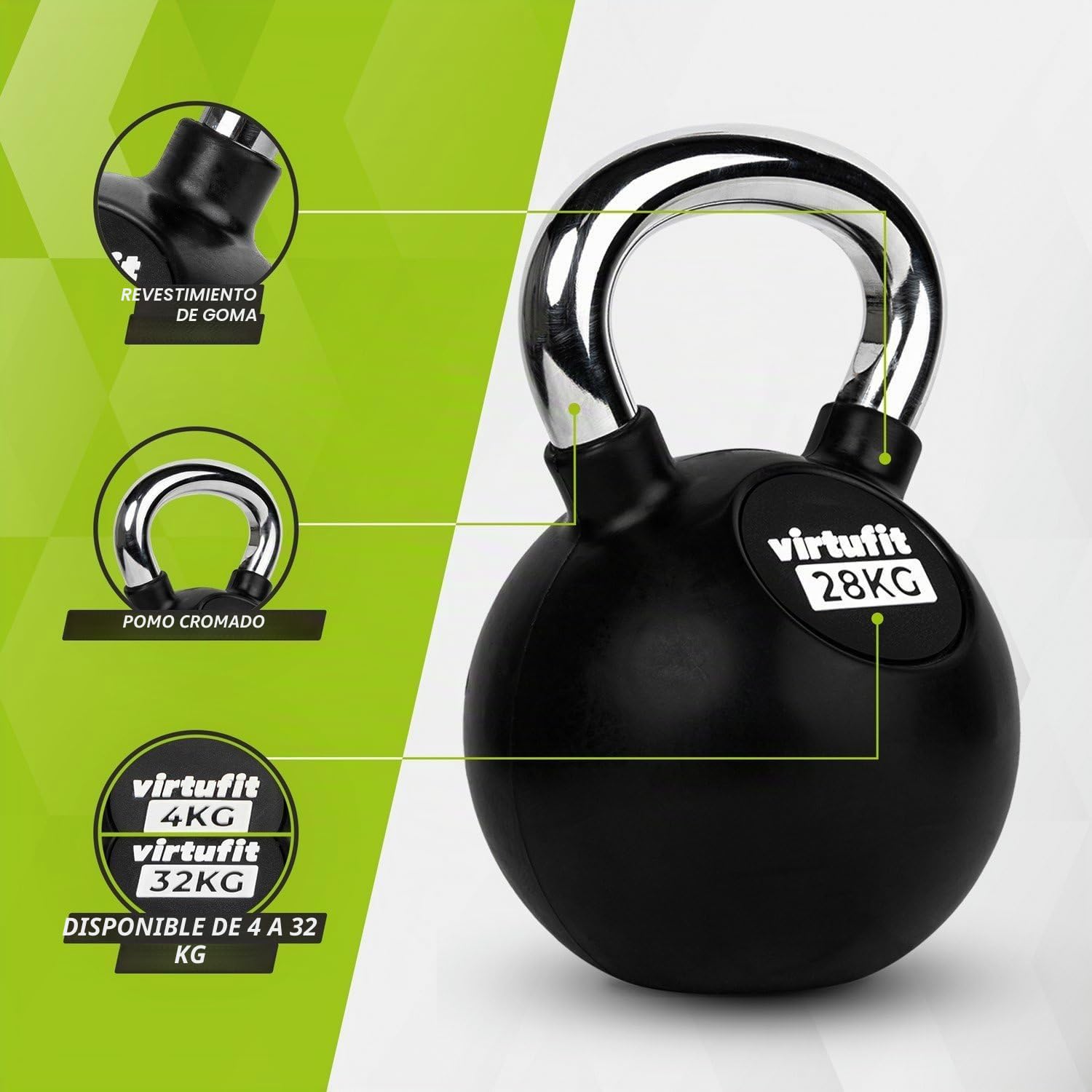 VirtuFit Kettlebell - Pesa rusa (goma, 4 kg hasta 32 kg, 28 kg)