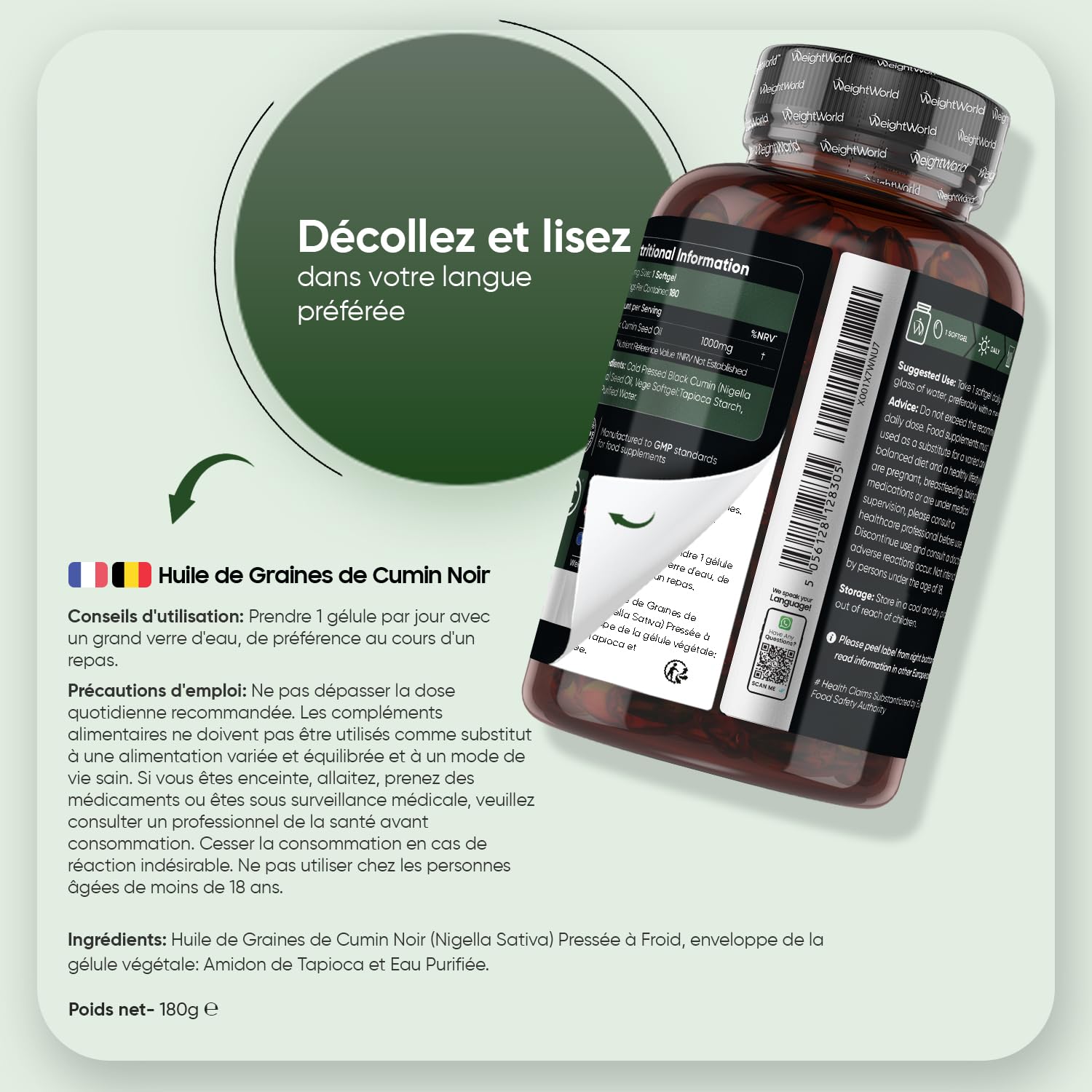 Huile de Nigelle Cumin Noir 1000mg - 180 Gélules Vegan pour 6 Mois, Huile de Graines de Cumin Noir Pressé à Froid, Poudre de Nigella Sativa, Soucre d'Omega 3, 9, Vitamine C, Minéraux, Fabriqué en UE