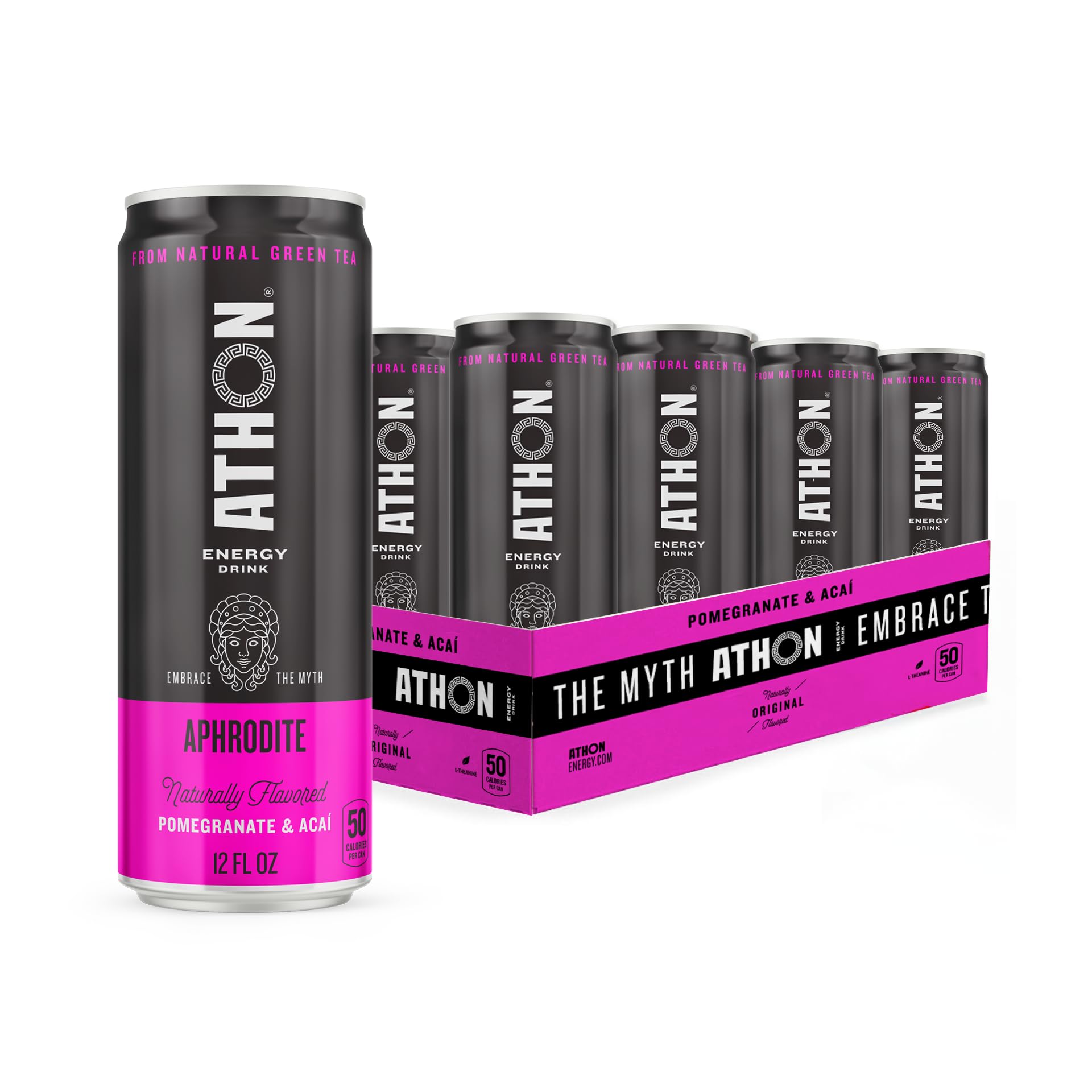 AthonNatural Energy Drink: Aphrodite Pomegranate Acai | 50 Calories | 10g sugar | L-Theanine and B-Vitamins | 160mg Caffeine | 12 fl oz Cans (12 pack)
