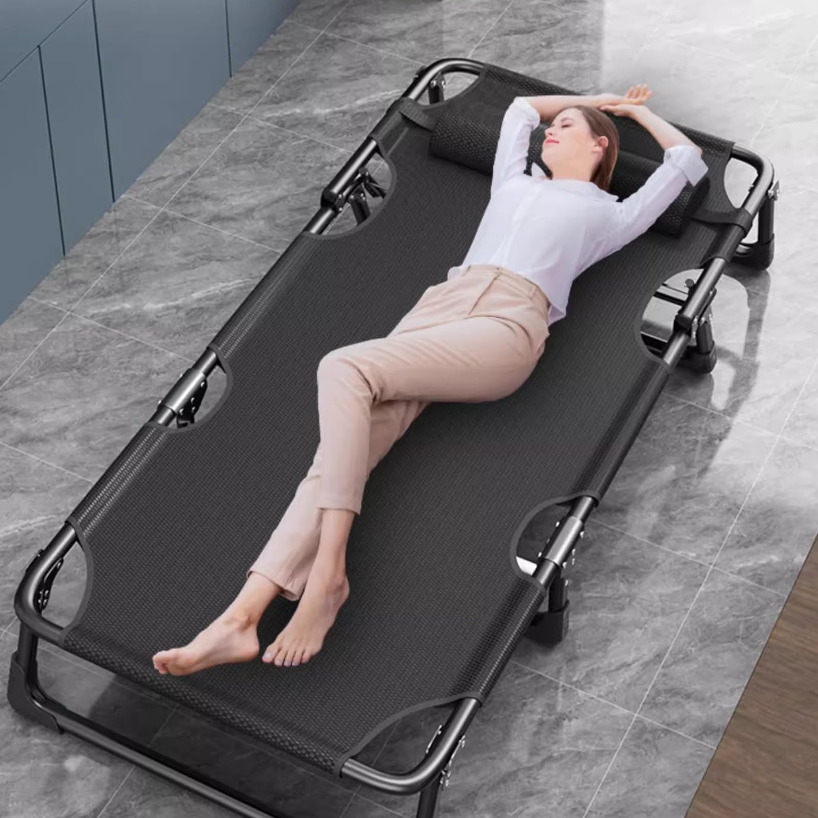 lit pliant 1 personne,Camping lit de bébé,réglable 4-position adultes s'étendant chaise pliante avec oreiller,chaise longue extérieure de bébé, parfait pour le bureau,piscine,plage,patio (noir)