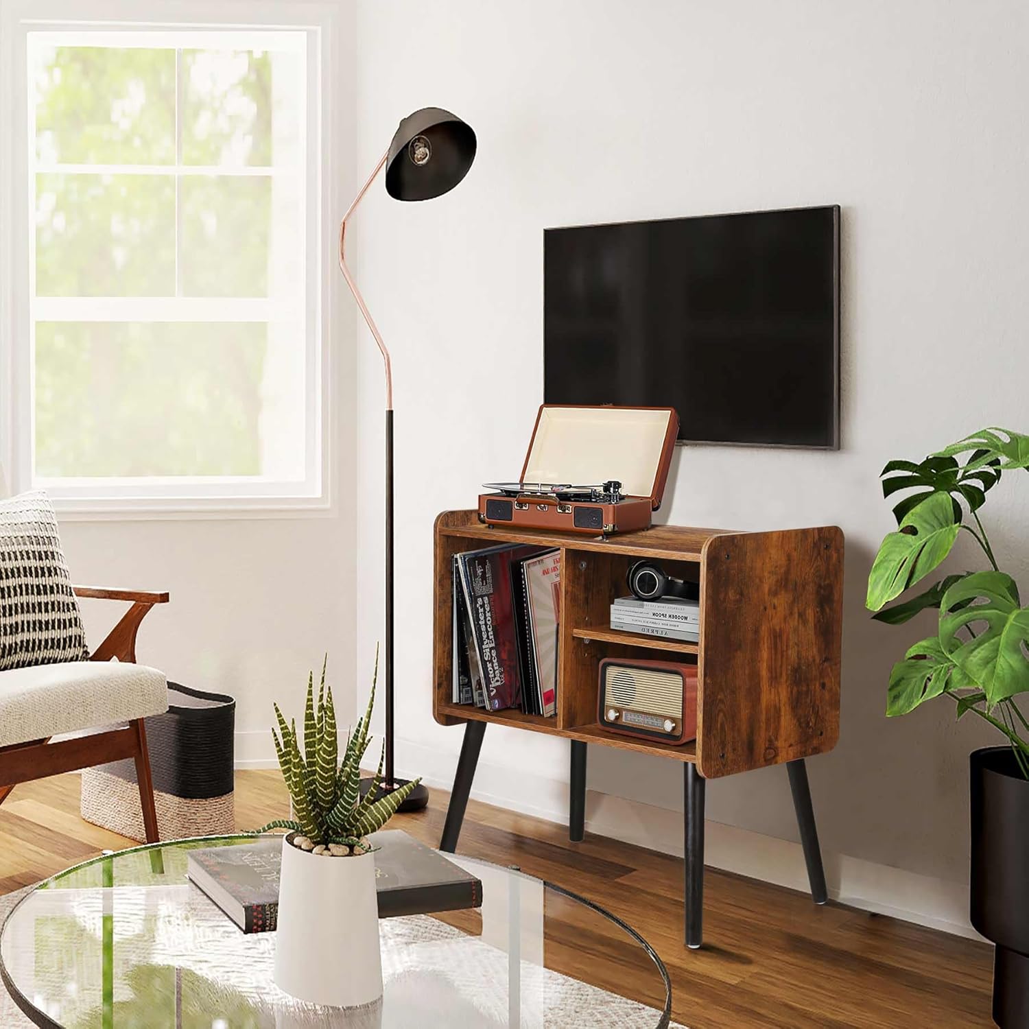 Record Player Stand with Vinyl Record Storage, Mid-Century Turntable Stand for Living Room Bedroom Office, Record Player Table, Vinyl Holder Holds up to 100 Albums, Rustic Brown