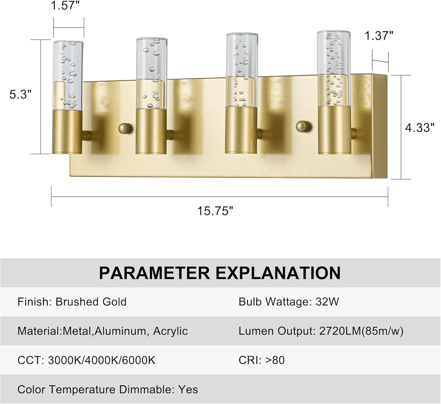 Bathroom Vanity Light Fixtures Over Mirror Brushed Golden Finish Coating, 4 Light Vanity Lights, Wall Sconces Fixture Vanity Lighting for Bathroom