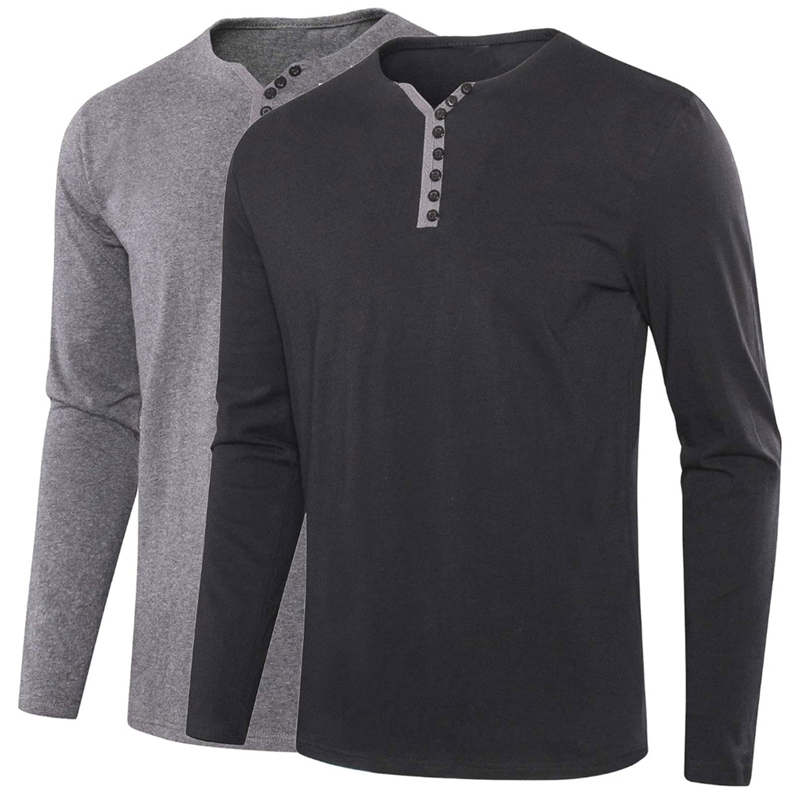 Herren Solid Button Henley Kragen T-Shirt Männer Slim Fit Tee Shirt Langarm Basic Herbst Frühling Männer Kleidung Tops, Schwarz , L