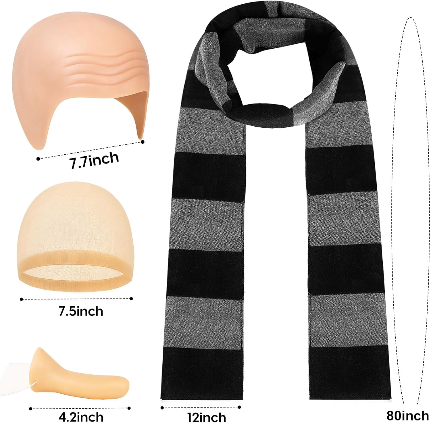 5 Pack Halloween Costume Accessories for Adult, Cosplay Cartoon Characters Costumes, Black Striped Scarf/Fake Nose/Latex Bald Head/Wig Cap Halloween Party Set for Men Women