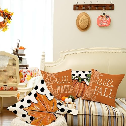 Miniatura 7 de GEEORY Juego de 4 fundas de almohada de otoño de 18 x 18 pulgadas, diseño de hojas de arce con diseño de calabaza y texto en inglés "Hello Pumpkin",