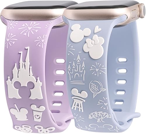 2 Packs Cartoon 3D Raised Band Compatible with Apple Watch Band 49/46/45/44/42/41/40/38mm Women Two-Tone Cute Soft Silicone Sport Strap for iWatch SE Series 10/9/8/7/6/5/4/3/2/1/Ultra(1/2)