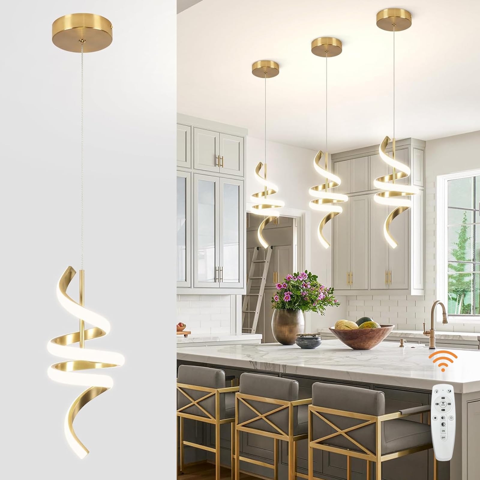 3000-6000K Dimmable Modern Pendant Light,Gold LED Pendant Light for Kitchen Island Fixtures Chandeliers for Dining Room Hanging Lights, 1 Pack
