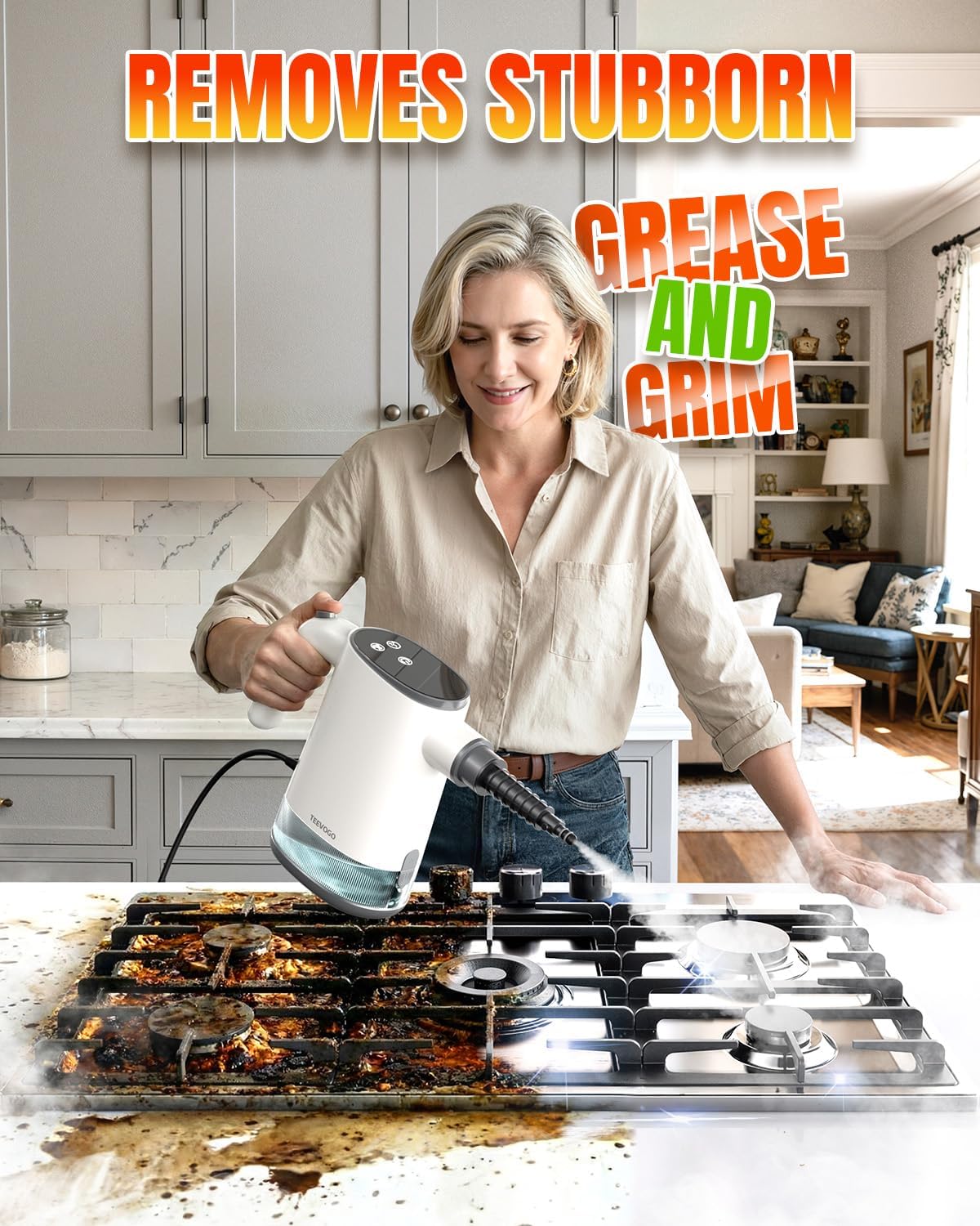 TEEVOGO Pressurized Steam Cleaner, 15s Instant Heat Handheld Steam Cleaner, Upgrade 650ML Tank, Lightweight Portable Steamer for Cleaning Home, Kitchen, Grout, Floor, Window, Car, Bathroom and Clothes White