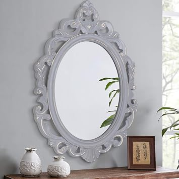 Oval Wooden Hanging Mirror Grey Carved Frame Wall Mirrors Rustic Vintage Decorative Aesthetic for Vanity Bedroom Living Room Entryway Farmhouse 40 x 60 cm