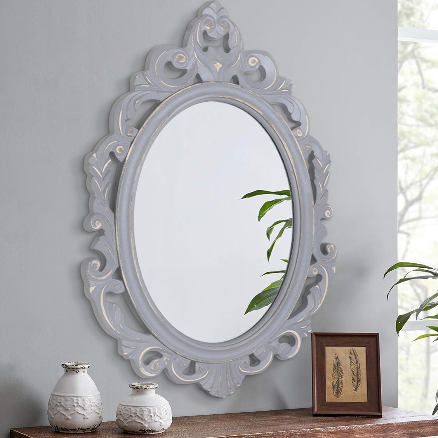 Lzuso Oval Wooden Hanging Mirror Grey Carved Frame Wall Mirrors Rustic Vintage Decorative Aesthetic for Vanity Bedroom Living Room Entryway Farmhouse 40 x 60 cm