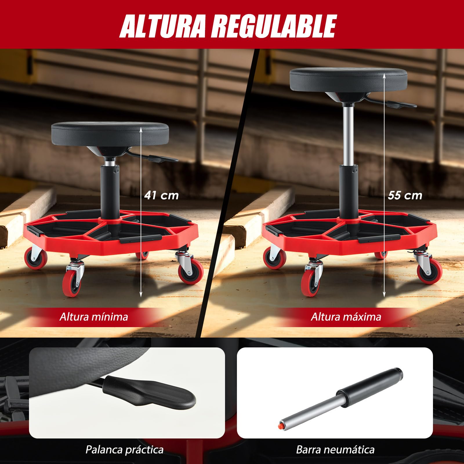 SOARS Taburete de Montaje Móvil, Taburete de Taller Regulable en Altura de 41 a 55 cm, Taburete Neumático Mecánico con Ruedas y Bandeja magnética extraíble para Herramientas, Carga 150 kg