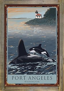 Port Angeles Washington Baby Orca Jumping Lime Kiln Rustic Metal Print on Reclaimed Barn Wood from Painting by Artist Mike Rangner 11.5" x 17.5"