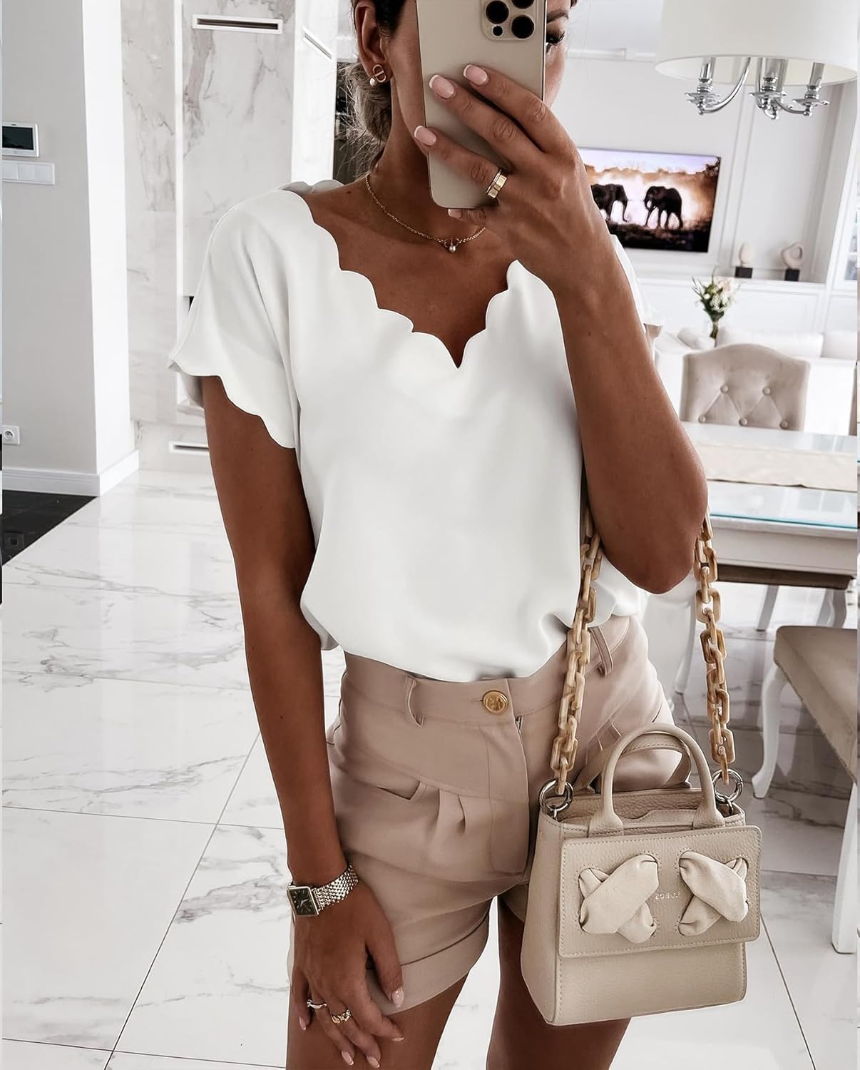 miduo Womens Scallop Trim Summer Fashion Solid Short Batwing Sleeve V Neck Blouses Tops - Image 3