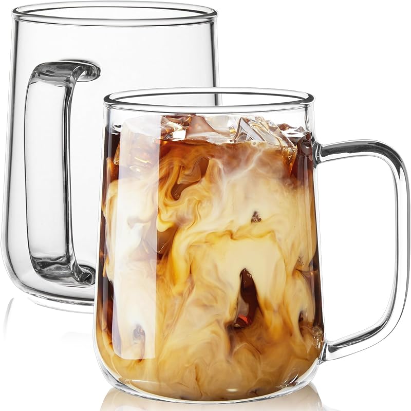 Large Glass Coffee Mugs, 20 oz Glass Coffee Cups Set of 2, Clear Borosilicate Glass Mugs with Handles for Cappuccino, Tea, Latte, Hot/Cold Beverages, Wine, Americano