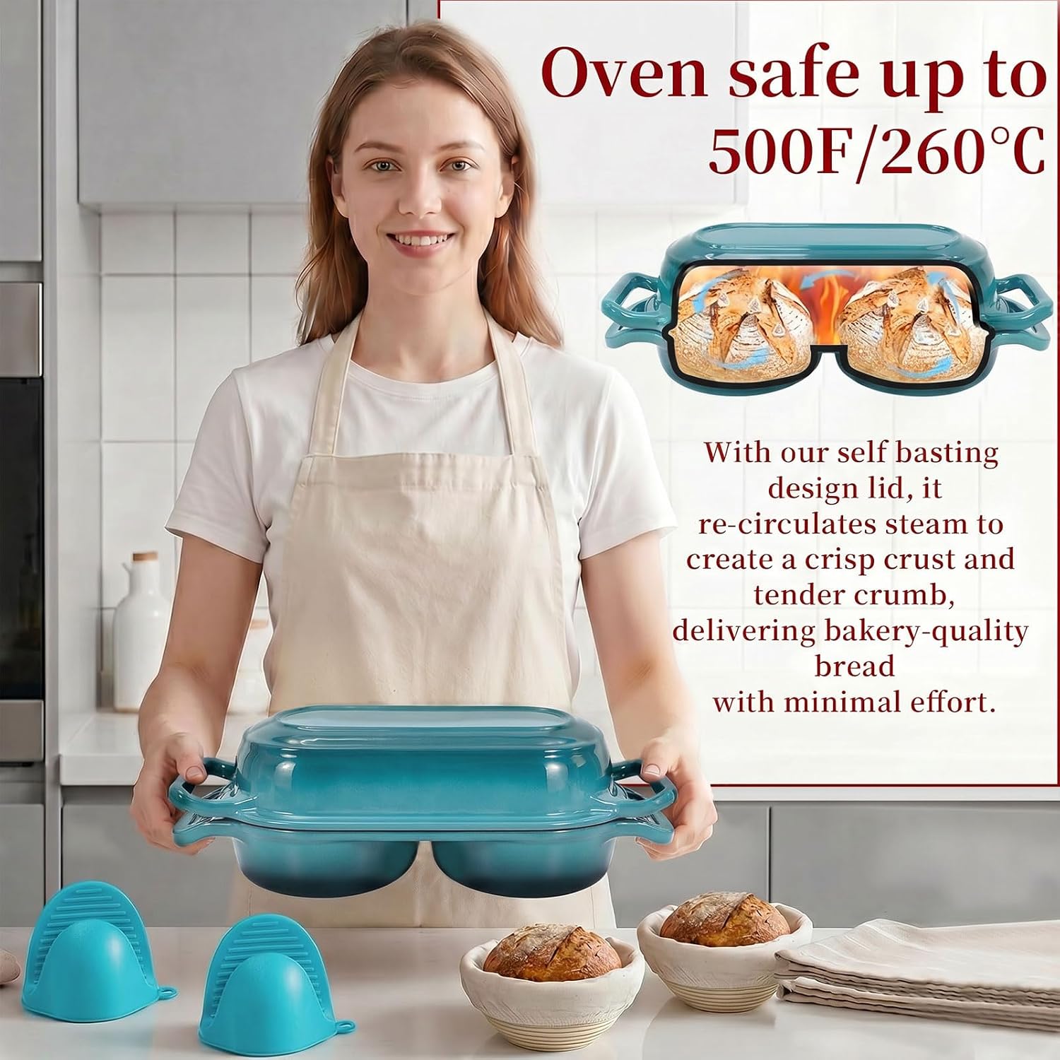 Cast Iron Bread Pan with Lid, Double Dutch Oven for Sourdough Bread Baking, 2 Round Loaf Compartments + 2Pack 5-Inch Baking Bowls and 2 Anti-Scald Clips, Oven Safe to 500°F