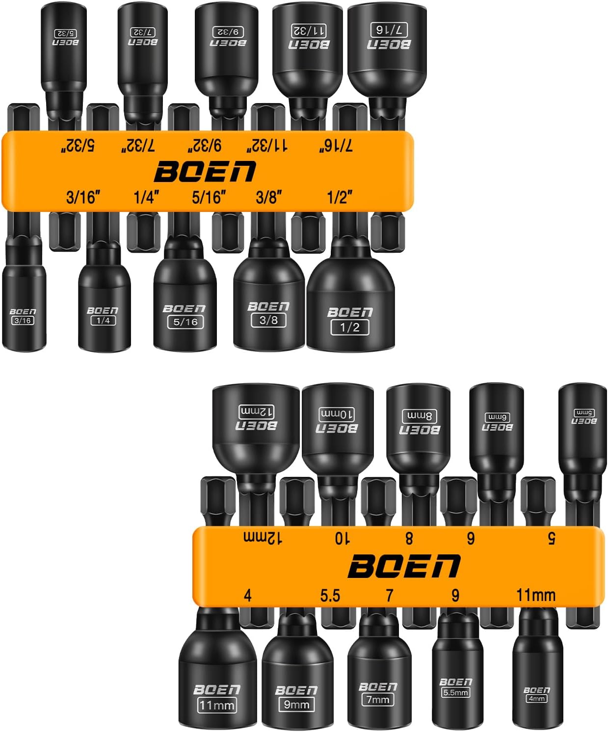 BOEN 20-Piece 1/4" Hex Magnetic Power Nuts Driver Set, Metric (4-12mm) & SAE (5/32"-1/2"), Chrome Vanadium Steel
