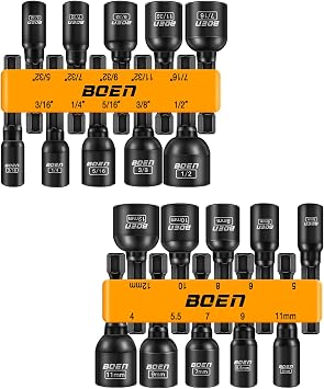BOEN 20-Piece 1/4" Hex Magnetic Power Nuts Driver Set, Metric 4-12mm & SAE 5/32"-1/2", Chrome Vanadium Steel