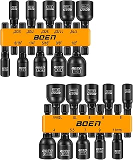 BOEN 20-Piece 1/4" Hex Magnetic Power Nuts Driver Set, Metric (4-12mm) & SAE (5/32"-1/2"), Chrome Vanadium Steel