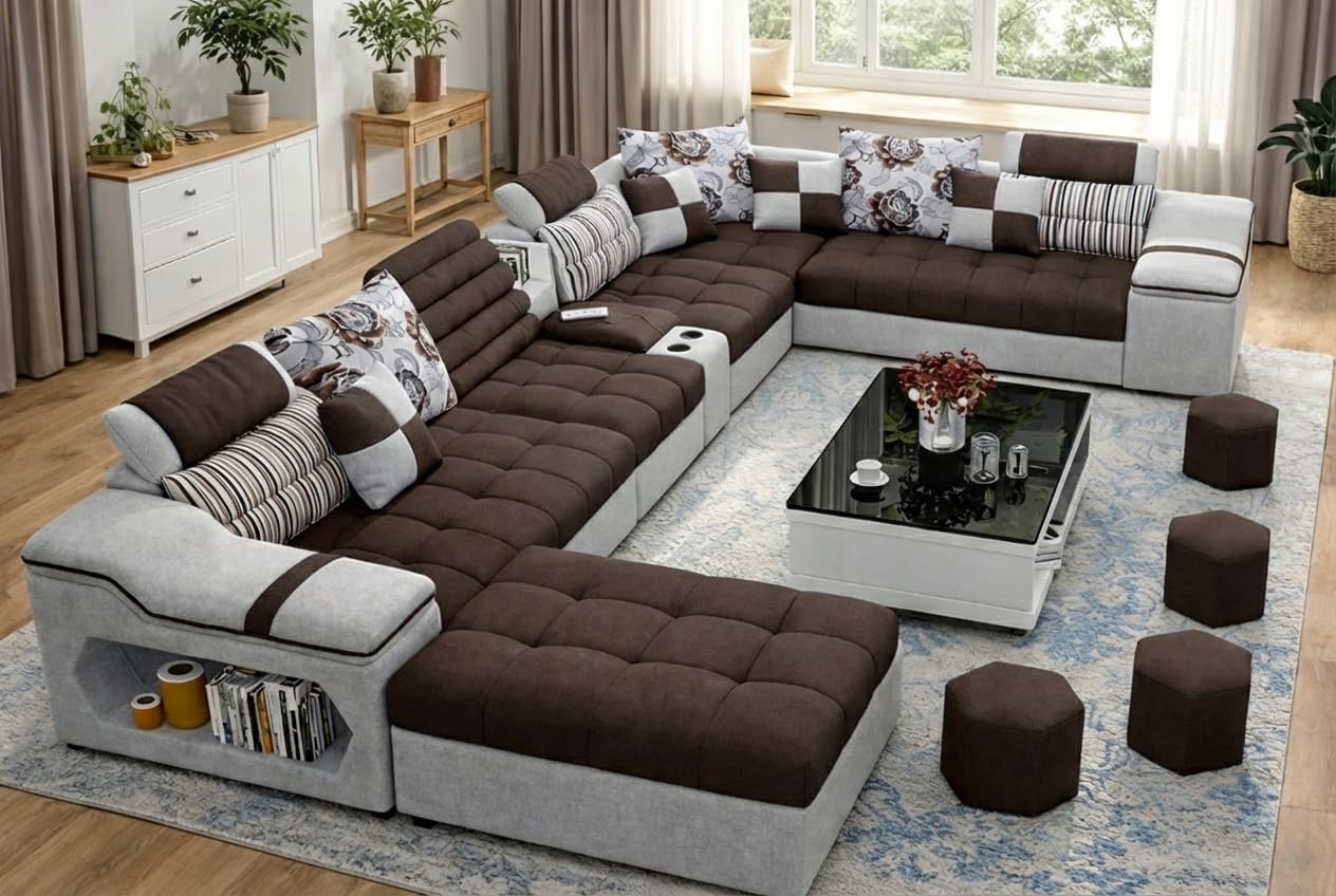 Avion COMFORA 12 Seater Sofa Set for Living Room (Dark Brown) | Interchangeable U Shape Sectional Sofa with Puffy and Stool for Guest Room-image-26