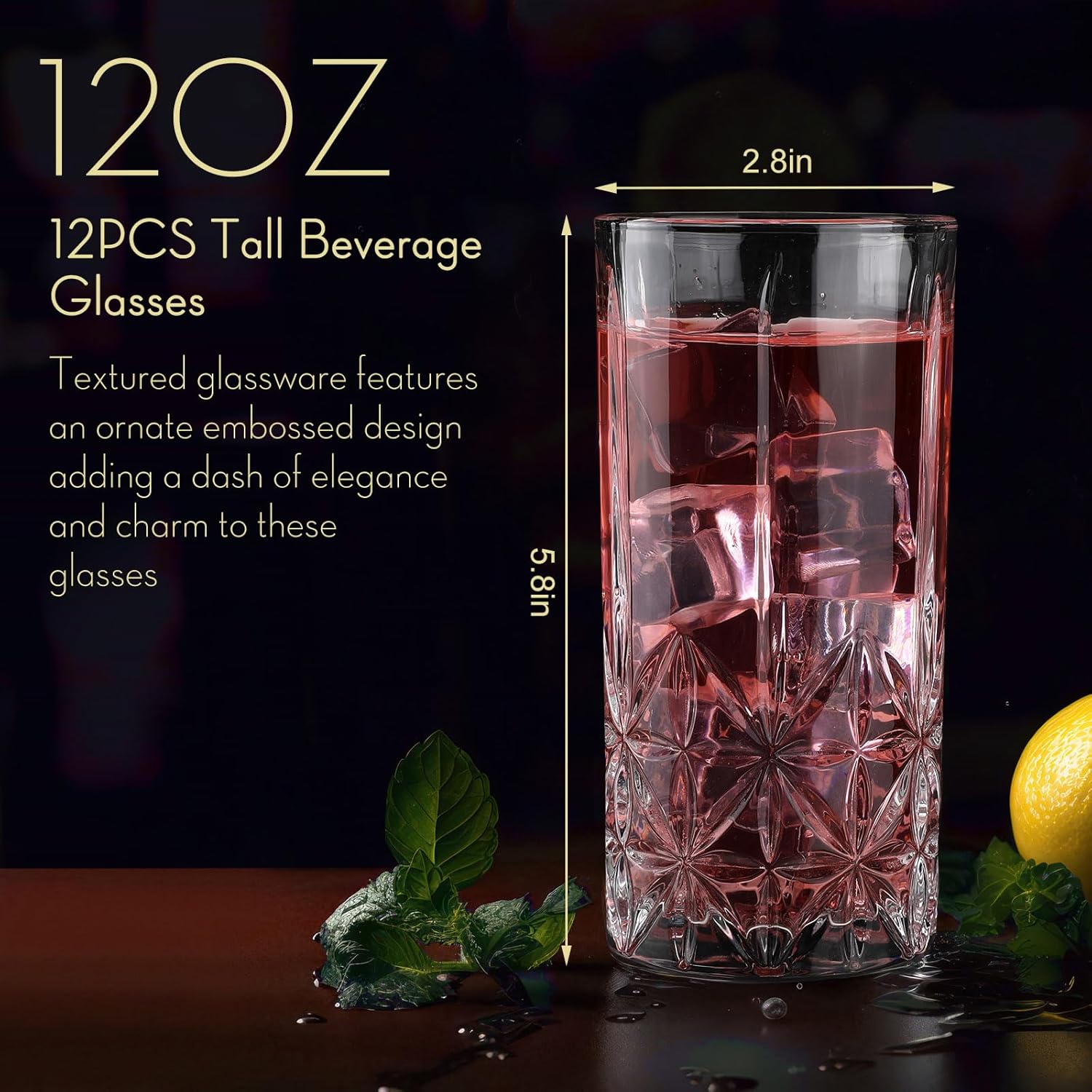 Uiifan Set of 12 Tall Highball Glasses 12 oz Crystal Drinking Glasses Clear Fancy Cups Vintage Textured Designer Glassware for Cocktail Tea Water Beer Soda Beverages, Dishwasher Safe(Stylish Style) - Image 2
