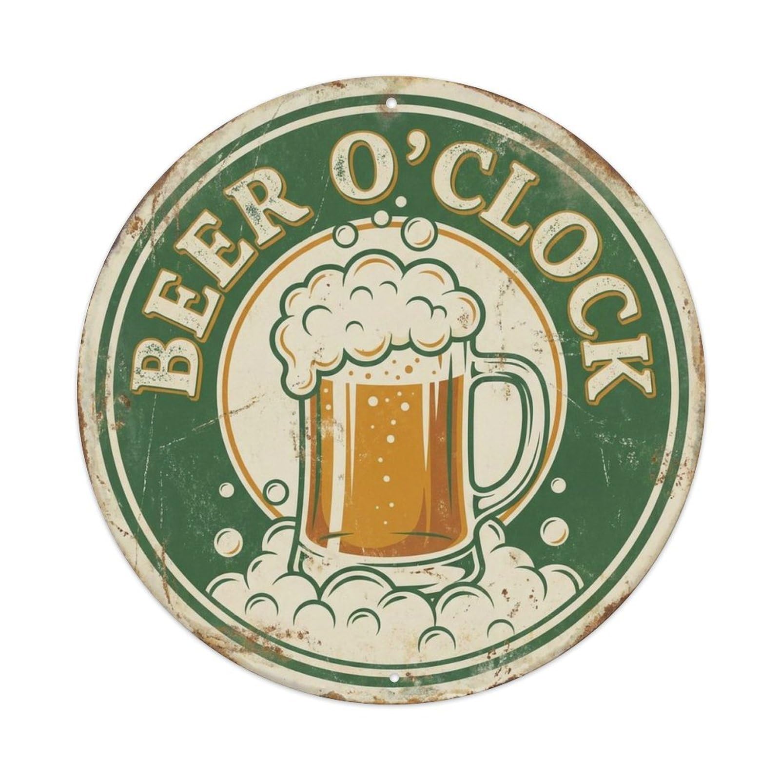 Beer Oclock Tavern Culture Vintage Bar Humor Old School Badge Metal Tin Sign Plaque Wall Decor for Cafe, Man Cave, Club Bar, Office, Home Garden Round Metal Poster 8x8Inch
