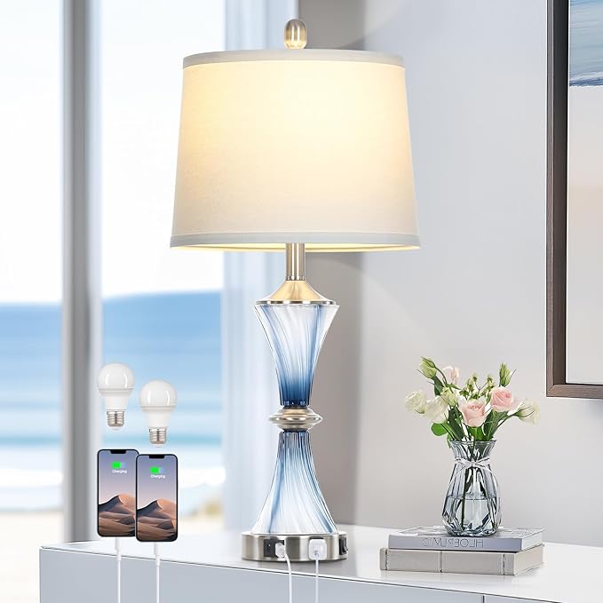 Rinweey Blue Glass Table Lamp with USB C+A Ports & AC Outlet,Coastal Bedside Lamp for Night Stands Bedroom Living Room,Nightstand Lamp LED Bulbs Included,Single Blue