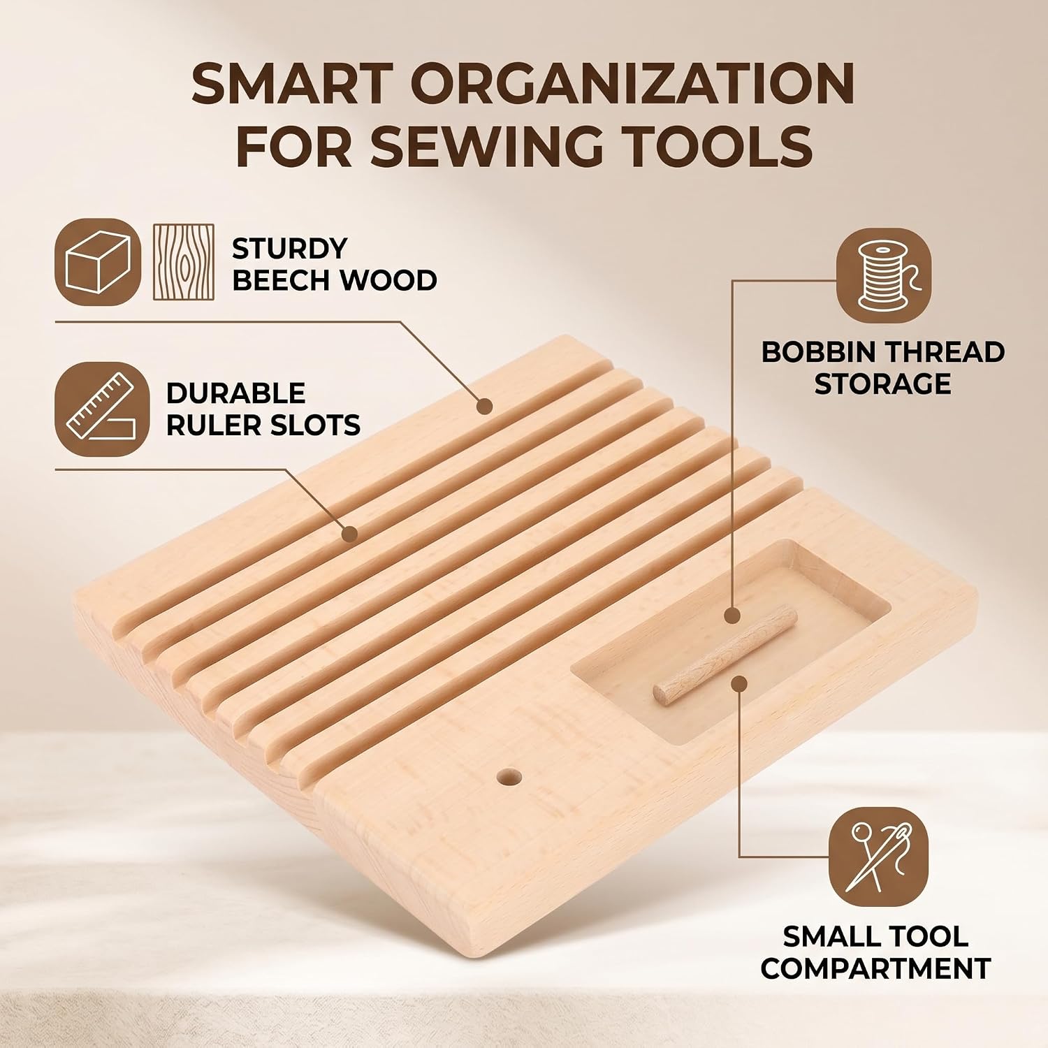 Quilting Wooden Ruler Rack, Quilting Ruler Holder Beech Wood Spools Rack Quilt Ruler Holder Stand for DIY Sewing Tool Large Pins Tacks Bobbins