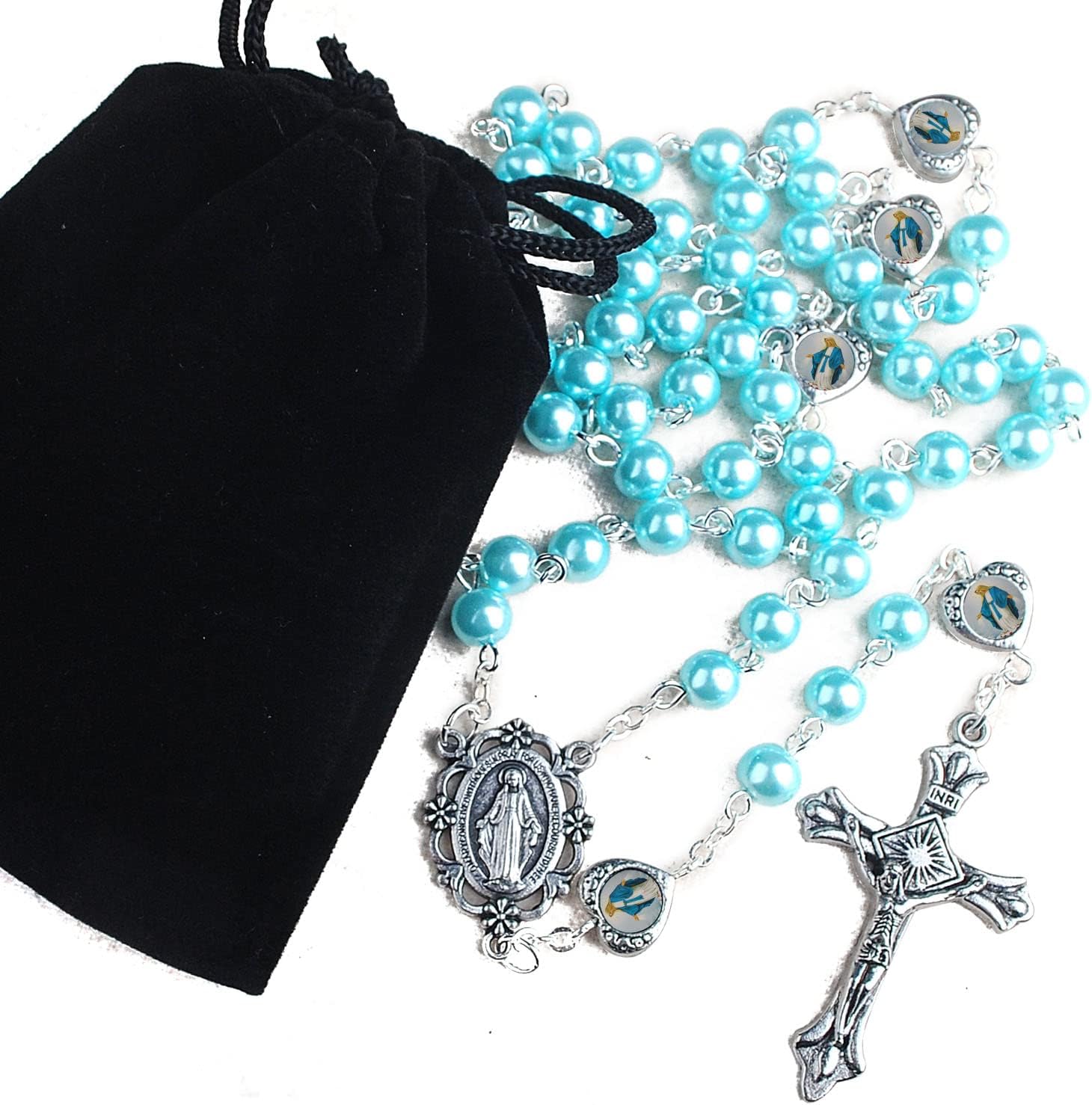 HanlinCC Glass Pearl Beads with Miraculous Epoxy Heart Metal Beads Rosary Necklace pack in Velvet Gift Bag with Rosary Pray Card - Image 6