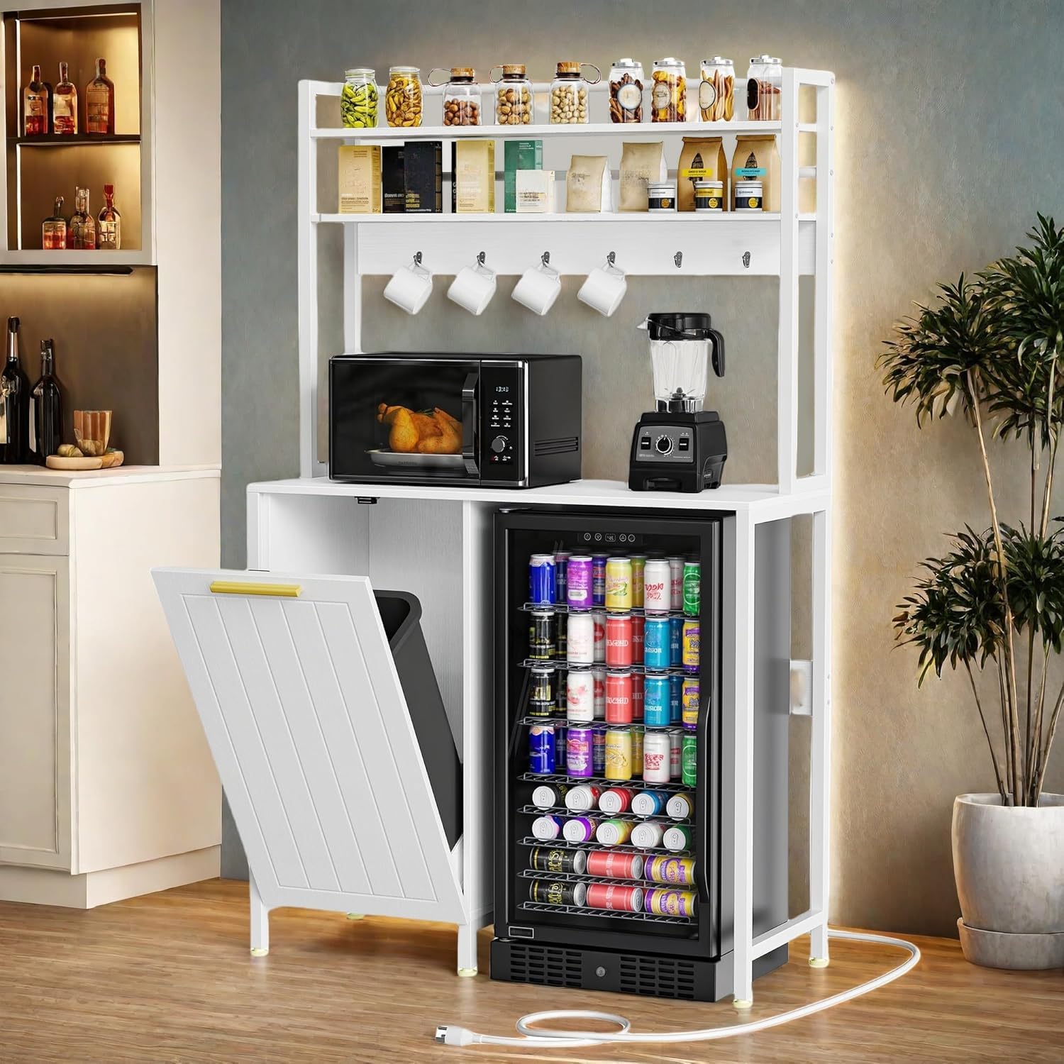 YITAHOME 4-Tier Kitchen Pantry Cabinet with Mini Fridge Space, Trash Can Storage & Power Outlet, Freestanding Storage Organizer for Microwave, Coffee Bar & Dining Room, White