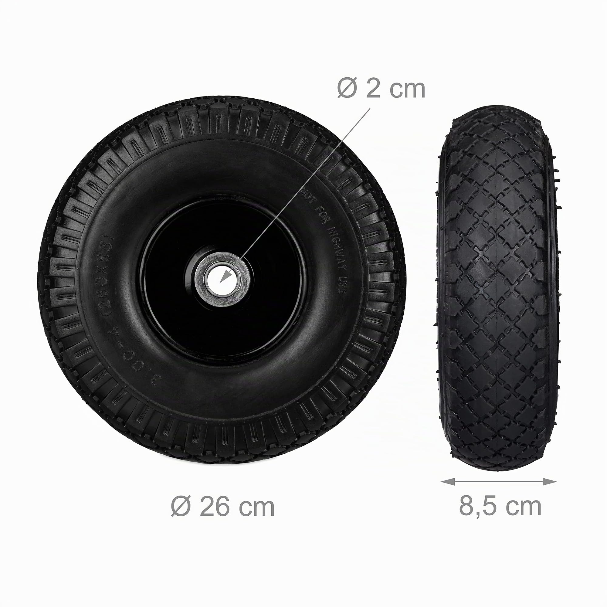 Relaxdays Roue de diable, 2x roue de brouette caoutchouc, pour axe de 20 mm, 3.00-4", 260 x 85 mm, noir