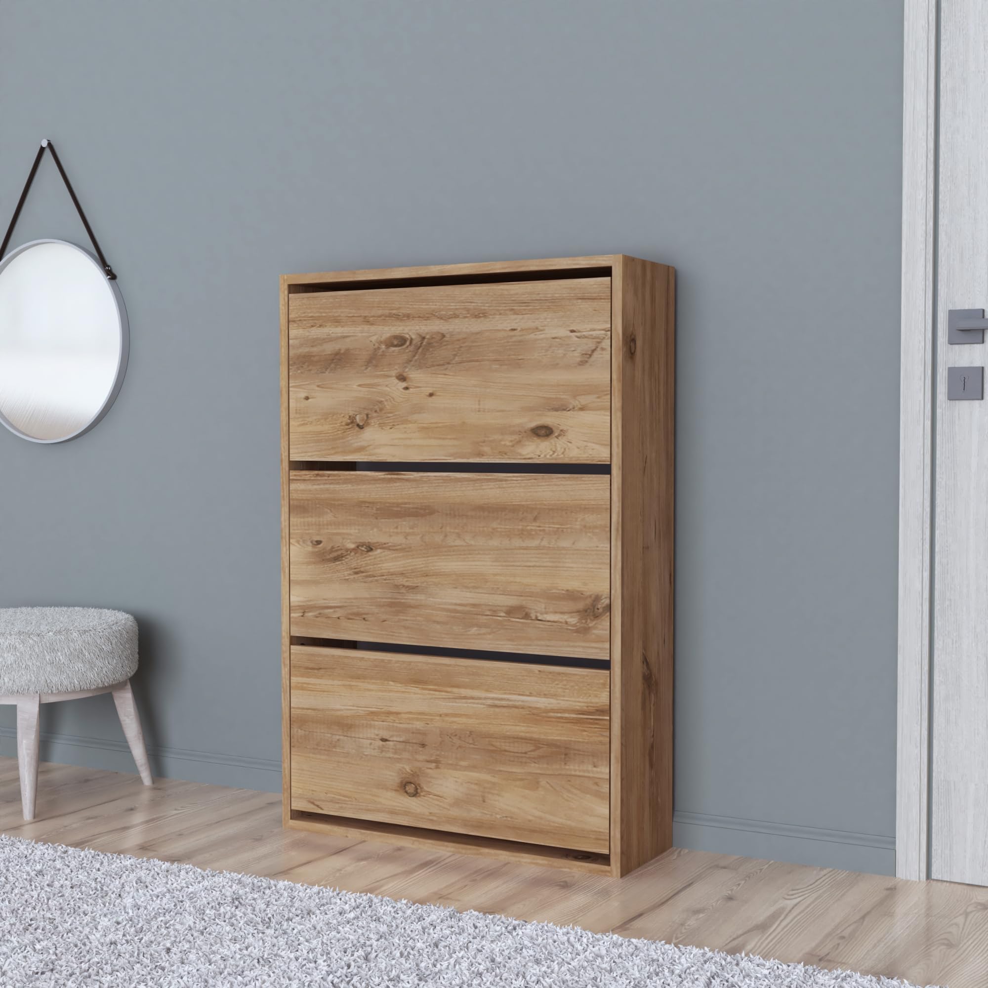 [en.casa] Zapatero para Pisos Pequeños Mueble Recibidor 3 Puertas Abatibles Capacidad máx. 18 Pares de Calzados Aglomerado 110 x 74 x 24 cm - Efecto Roble