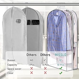 MISSLO 10" Gusseted All Clear Garment Bags for Hanging Clothes 40" Suit Bags for Closet Storage Hanging Clothes Storage Suit Cover for Shirts, Coats, Dresses, 3 Packs