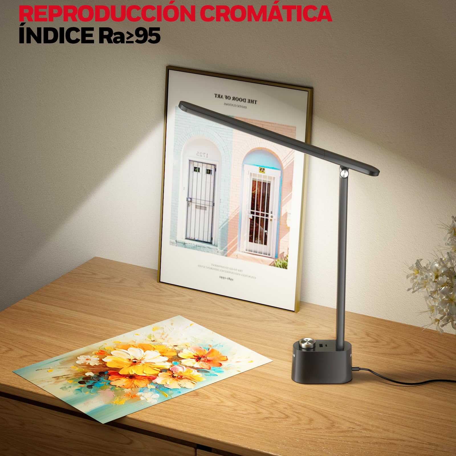 Honeywell Lámpara LED H01 Pro cuidado ocular lectura y oficina | Lámpara de escritorio Sunturalux regulable, CRI≥95, 3000K-5500K, carga A+C, negra, para dormitorio universitario