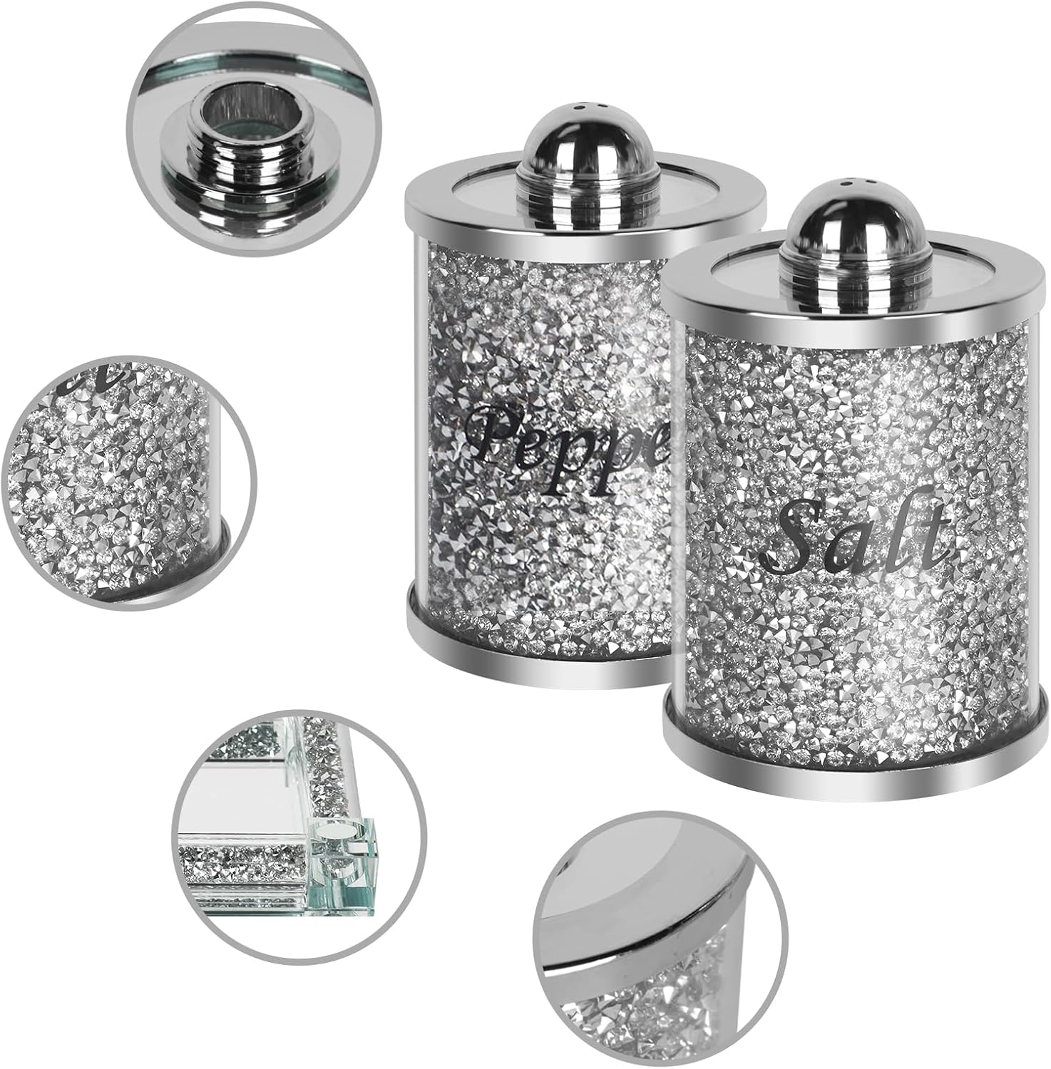 Crystal Salt and Pepper Shakers with Mirrored Tray, Crystal Crushed Diamond Home Decor, Bling Glass Salt and Pepper Shakers, Sparkly Salt Pepper Glass Jar for Kitchen, Dining Table, Restaurant
