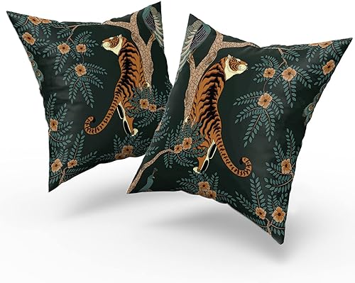 Miniatura 2 de aportt Juego de 2 fundas de almohada con diseño de tigre de 22 x 22 pulgadas, diseño de animales de bosque de pavo real, de algodón, decoración de