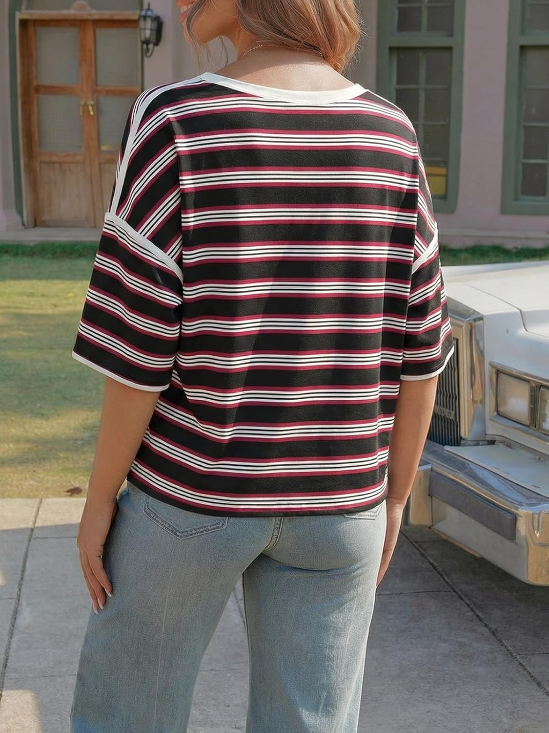 Tankaneo Womens Oversized Striped T-Shirts Summer Casual Color Block Short Sleeve Tops Drop Shoulder Boxy Tees - Image 3