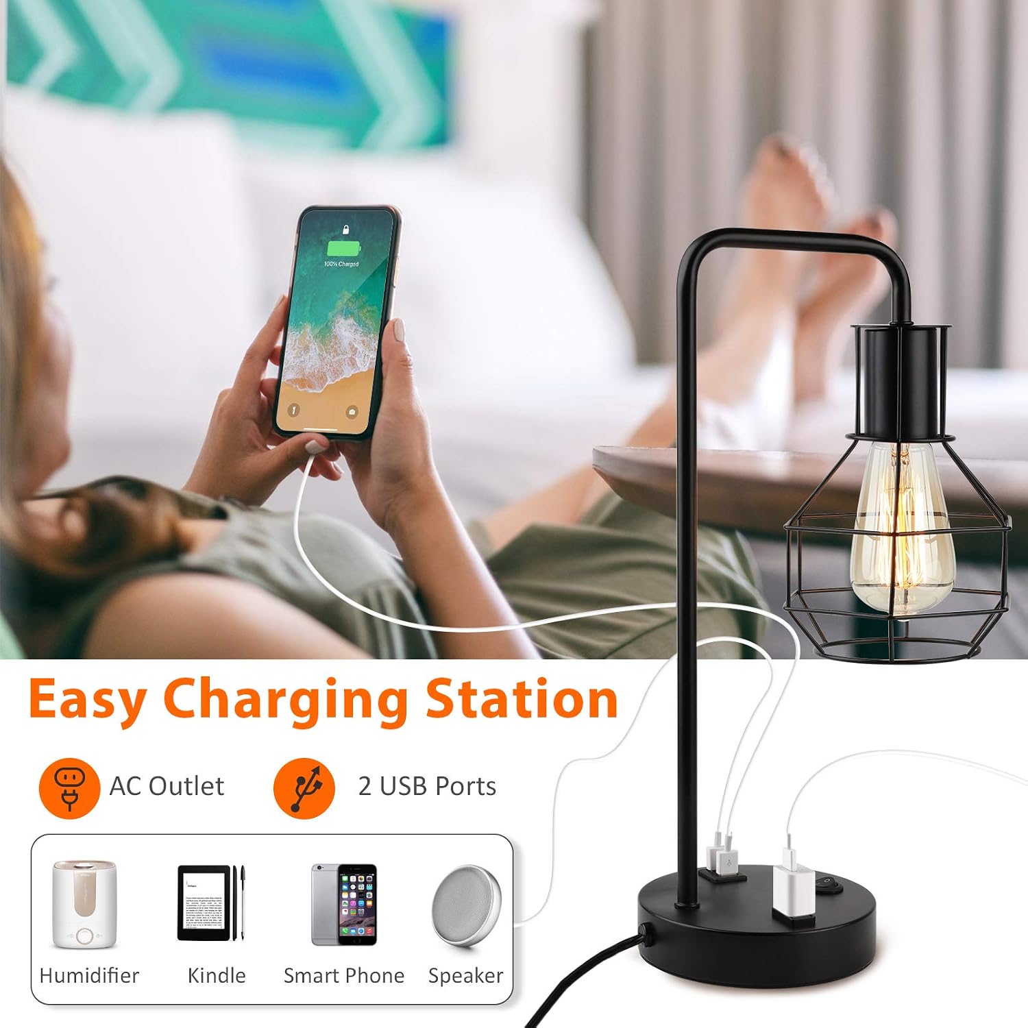 USB Edison Desk Lamp, Industrial Beside Table Lamps with 2-Prong AC Outlet, Modern Bedside Reading Lamp with Black Metal Wire Cage for Bedroom, Living Room, Study