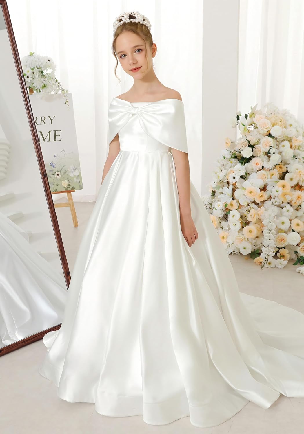 Girls Satin Flower Girl Dress Off the Shoulder Bow Ball Gown with Train for Wedding Pageant 2-14