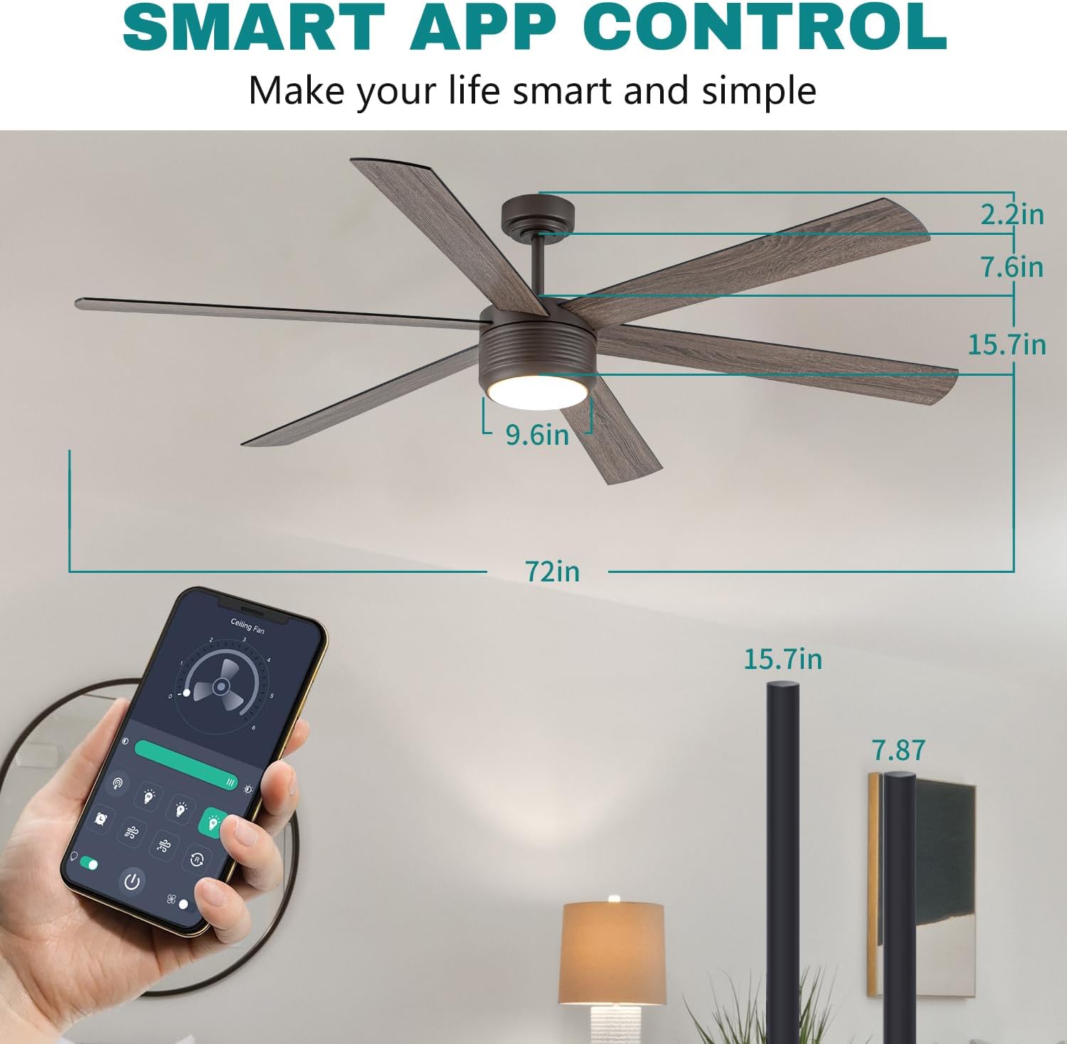 SHOWDI Ceiling Fan with Lights and Remote, 6 Blade App Control Timer Reversible Stepless Brightness and Color Temperature Outdoor Wood Ceiling Fan with Lights (Brown, 72 Inch)