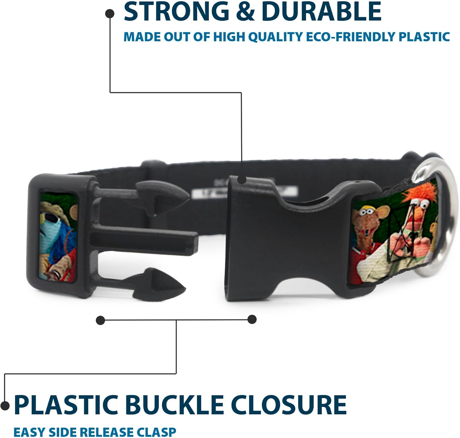 Dog Collar Plastic Clip Muppets 20 Character Group Pose Greens 13 to 18 Inches 1.5 Inch Wide