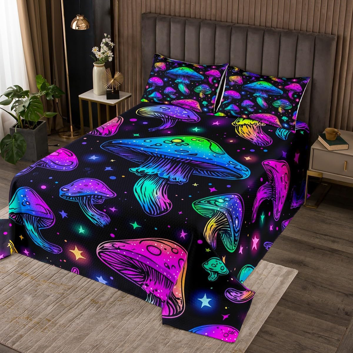 Erosebridal Neon Mushroom Bedding Set Cute Kawaii Mushroom Bed Spread Psychedelic Galaxy Space Queen Quilt Rainbow Fungus Coverlet Set for Kids Boys Girls Room Magic Mushroom Decor